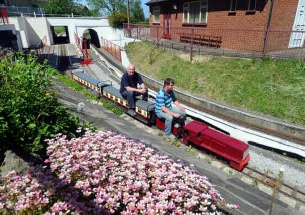 Stuart Merton and Andy Woffenden leave the station at West Riding Small Locomotive Society in Tingley