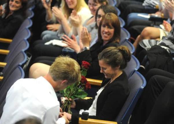 A surprise proposal by Paul Neale to his girlfriend Sarah at Sheffield Hallam University.
