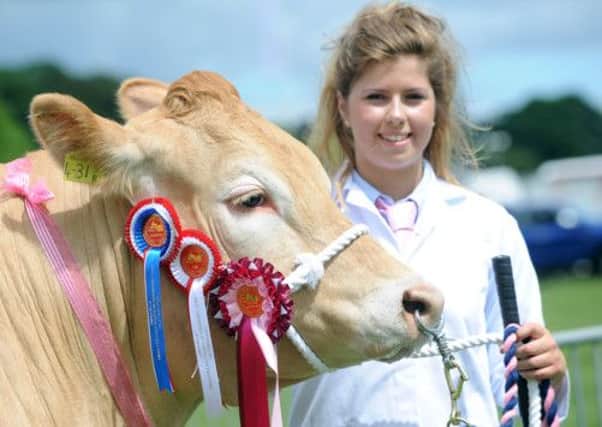 Melissa Donaldson from Little Langton Grange, Northallerton with her Blonde called Hilltop Flora which won Supreme Beef Champion at the show.
 Picture by Gerard Binks