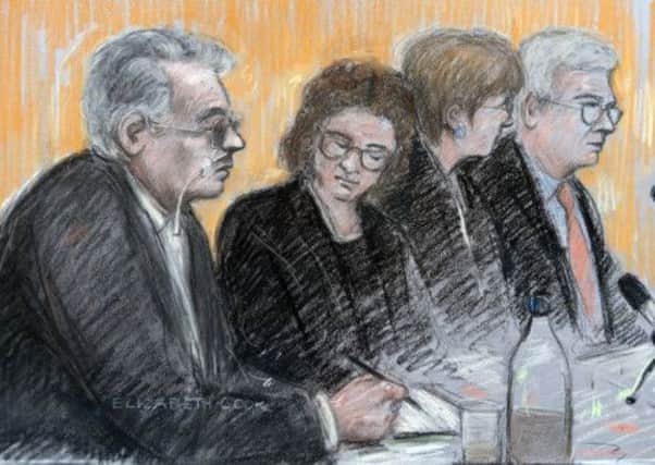 Court sketch by Elizabeth Cook of Ian Brady (left) appearing via video at his mental health tribunal in Manchester
