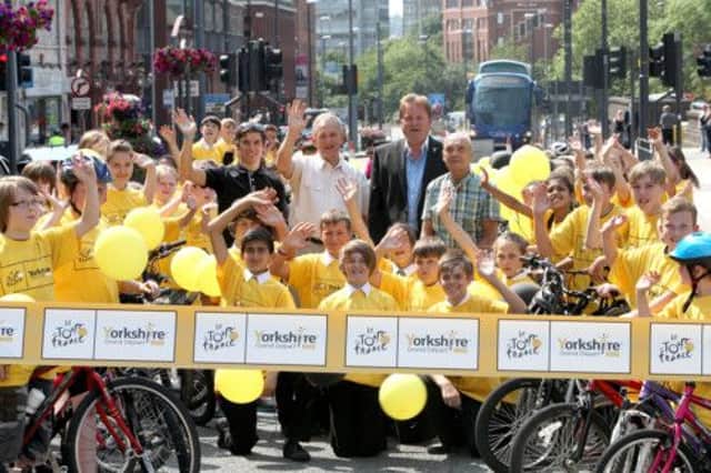 100 children got on their bikes and joined cycling celebrities to launch the official year to go countdown to the biggest annual sporting event in the world coming to Yorkshire.
Yorkshires Brian Robinson, the first British rider to win a stage of the Tour de France in 1958 and Dean Downing, current pro-cyclist, were present with Gary Verity, chief executive of Welcome to Yorkshire, who successfully bid to host the Grand Départ and Councillor Keith Wakefield, Leader of Leeds City.