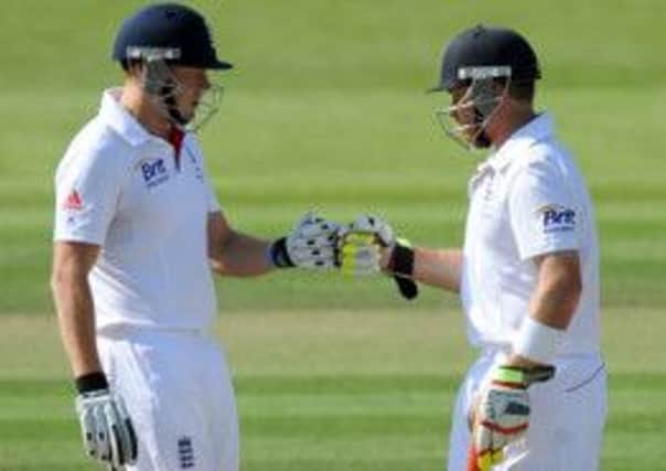 England's Jonathan Bairstow (left) and  Ian Bell congratulate one another