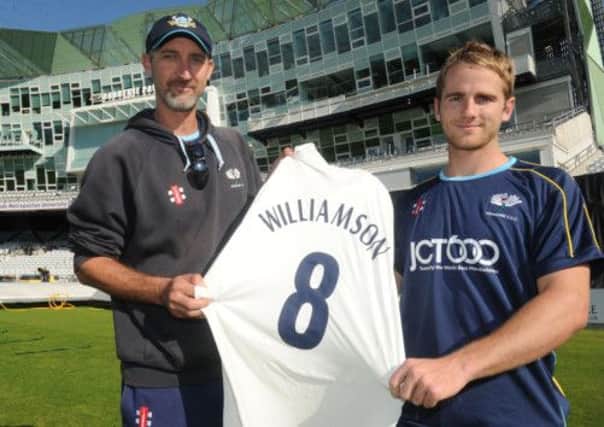 Yorkshire cricket new signing Kane Williamson pictured on his first day at Headingley with head coach Jason Gillespie
