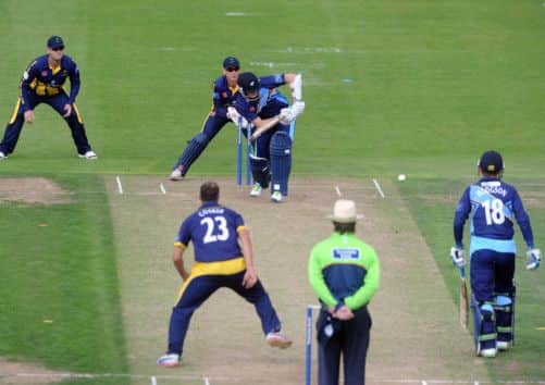 ONE-DAY WOE; Yorkshire's Kane Williamson, hits runs off Glamorgan's Dean Cosker, but the Bank Holiday YB40 clash was to end in defeat for the home side at Headingley. Picture: James Hardisty.