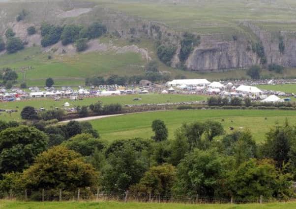 The showground against the backdrop of Kilnsey Crag