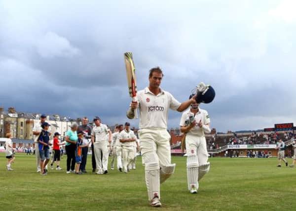 MAN OF THE MOMENT: Yorkshire's Phil Jaques takes the applause after finishing day three at Scarborough on 151 not out. Picture: SWPIX.COM