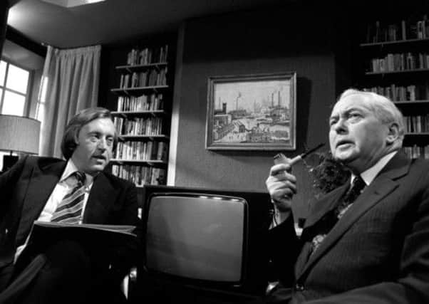 Sir Harold Wilson talking to David Frost at a recording session in Yorkshire Television's Leeds studios for "The Wilson Interviews".