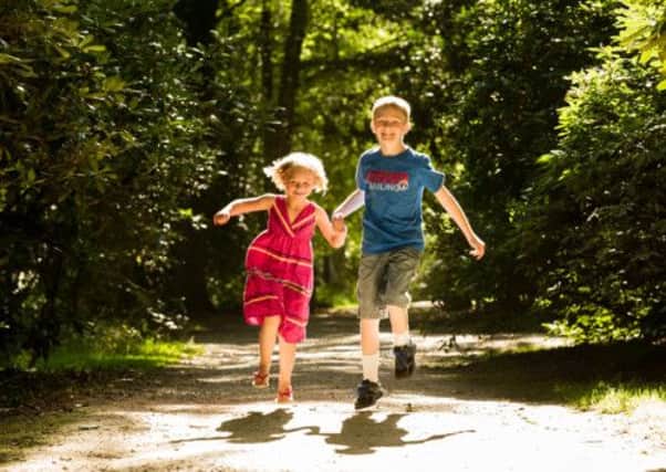 Emme Young, five, and brother Joel, nine, running through the woods at Harlow Carr, Harrogate