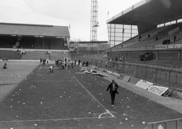 Bent and twisted fencing at Hillsborough in the aftermath of the stadium tragedy