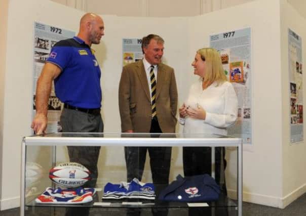 Keith Senior from Leeds Rugby Heritage Foundation and Gary Hetherington from Leeds Rugby chat to Coun Lucinda Yeadon at the exhibition