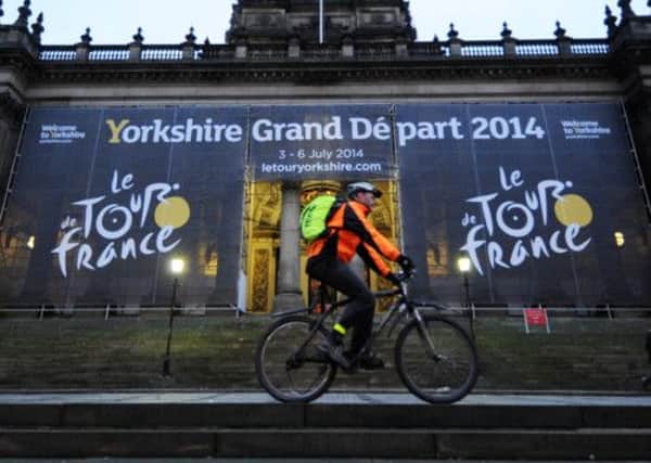 A Tour de France banner on Leeds Town Hall