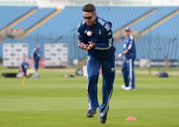 Kevin Pietersen takes part in a fielding drill during a nets session at Headingley
