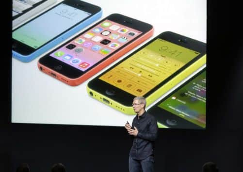 Tim Cook, CEO of Apple, speaks on stage during the introduction of the new iPhone 5c