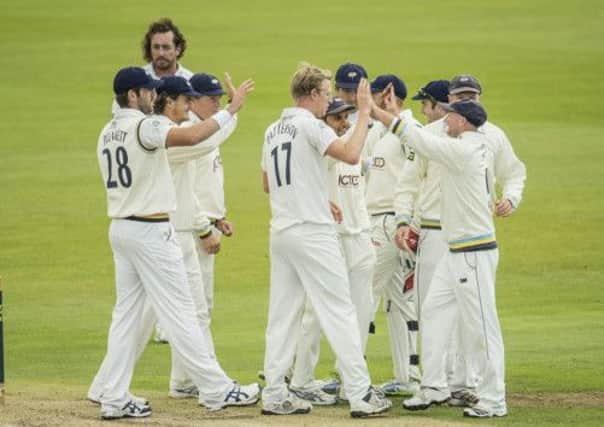Yorkshire's Steve Patterson is congratulated on dismissing Joe Denly.