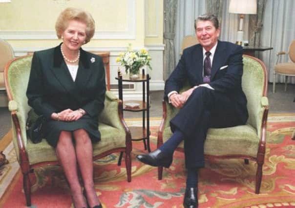 Margaret Thatcher with former US President Ronald Reagan at Claridges in London.