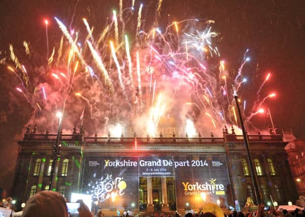 Fireworks light up the sky above Leeds Town Hall in celebration of the Yorkshire Grand Depart Le Tour de France 2014.  17 January 2013.  Picture Bruce Rollinson