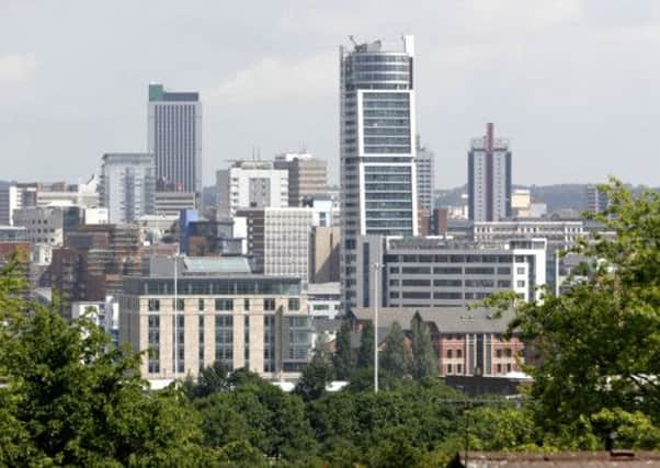 Leeds city centre skyline and Mark Carney, below.