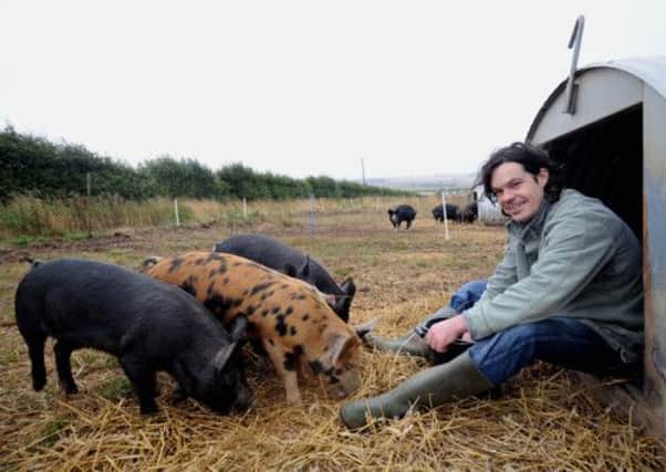 Jon Clarkson pictured some pigs at the farm, and with wife Charlotte, below.