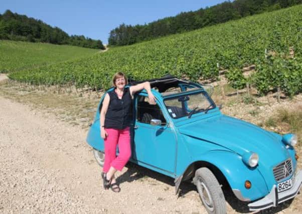 Christine Austin taking a tour of the Chablis vineyards in a 35-year old 2CV