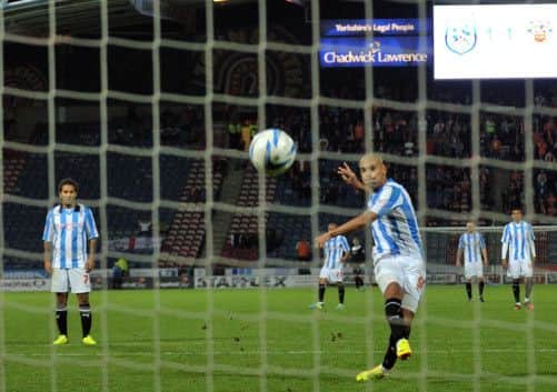 James Vaughan hits his penalty against the crossbar.