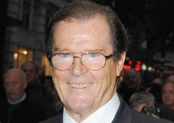 Sir Roger Moore, and below as James Bond