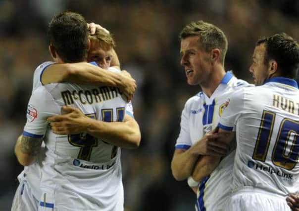 Leeds players celebrate Ross McCormack's goal against Bournemouth. Picture: Bruce Rollinson.
