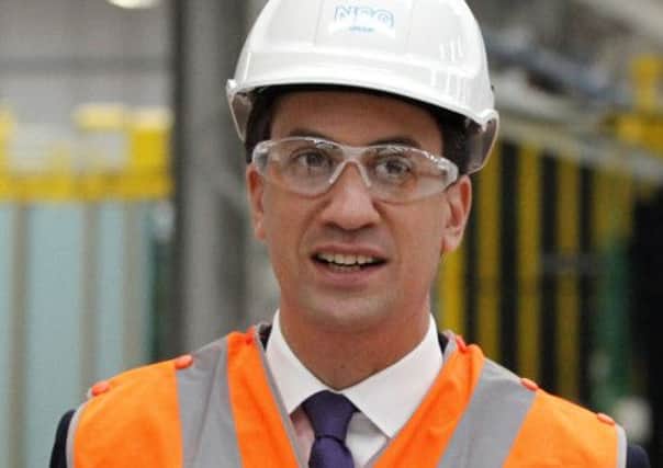Ed Miliband during a visit to the Pilkington Glass Factory, St Helens, Merseyside.