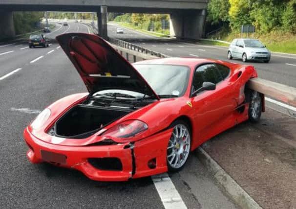 Ferrari crash on M621. Picture courtesy of West Yorkshire Police Roads Policing Unit