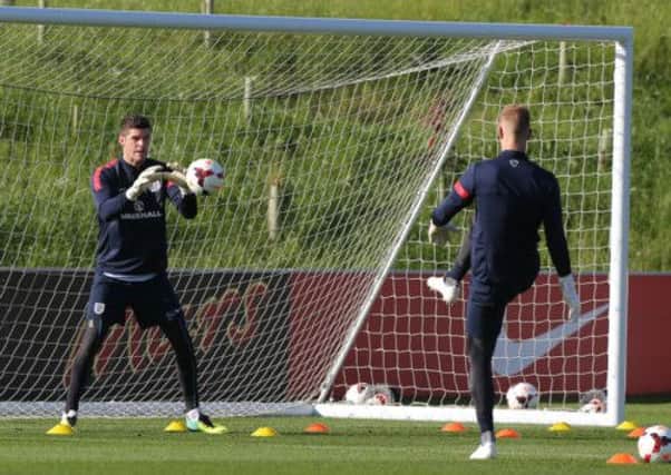 Joe Hart, right, during warm up session