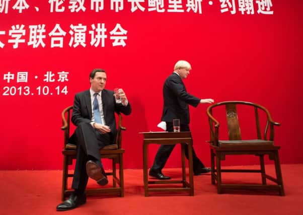 Mayor of London Boris Johnson and Chancellor George Osborne hold a Q&A at Peking University in Beijing.