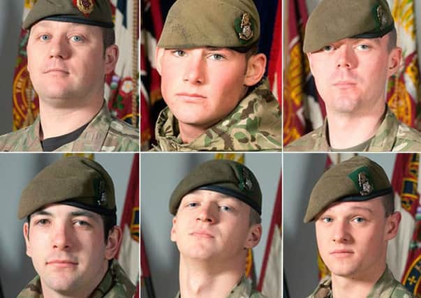 Top row from left: Sergeant Nigel Coupe, Corporal Jake Hartley and Private Anthony Frampton, with (bottom row left to right) Private Christopher Kershaw, Private Daniel Wade and Private Daniel Wilford