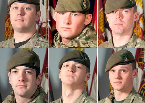 Top from left : Sergeant Nigel Coupe, Corporal Jake Hartley and Private Anthony Frampton. Bottom: Private Christopher Kershaw, Private Daniel Wade and Private Daniel Wilford