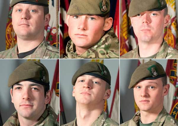(Top row left to right) Sergeant Nigel Coupe, Corporal Jake Hartley and Private Anthony Frampton, with (bottom row left to right) Private Christopher Kershaw, Private Daniel Wade and Private Daniel Wilford