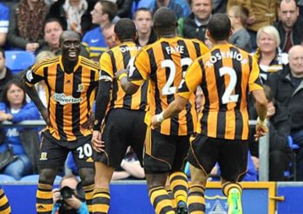Hull City's Yannick Sagbo celebrates with his team-mates