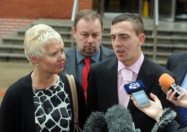 Gerry Gibson's son Sean and Gerry's wife Brenda with NUM General Secretary Chrics Kitchen outside Leeds Crown Court.