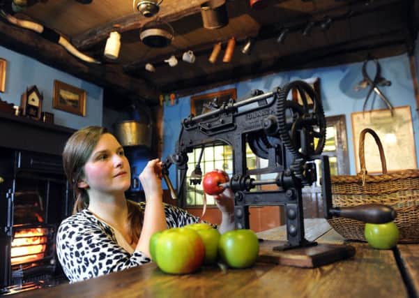 Lucy Knock, Assistant Curator at the York Castle Museum, with an Apple  Bonanza apple peeling machine from the USA  made in 1900