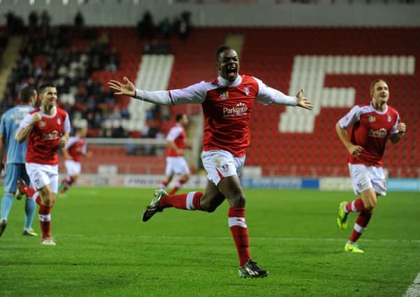 Kieran Agard celebrates  scoring Rotherham's opening goal against Tranmere Rovers. Picture Bruce Rollinson.