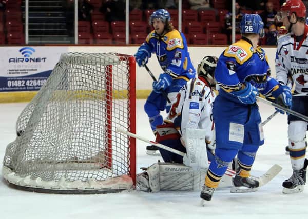 GET IN: Hull's Jereme Tendler scores against Edinburgh Capitals on Sunday night. Picture: Arthur Foster.