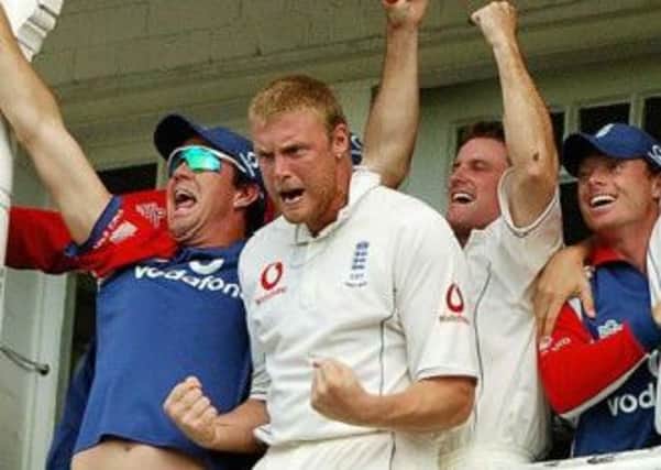 Andrew Flintoff and Kevin Pietersen celebrate as they beat Australia.