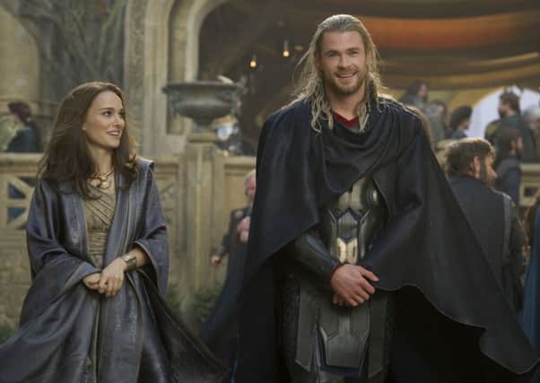 Natalie Portman as Jane Foster and Chris Hemsworth as Thor, and below as James Hunt