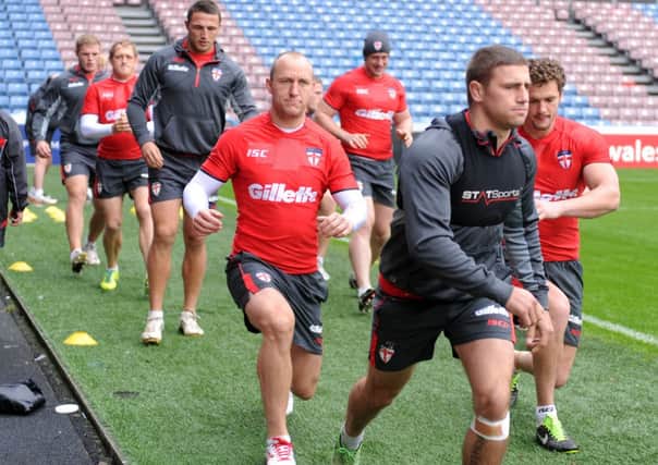 Carl Ablett leads the England rugby league team in a training session at the John Smith's Stadium at Huddersfield yesterday.