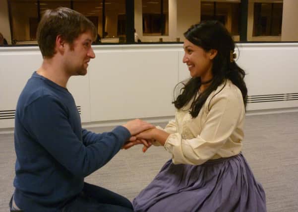 Richard Galloway as Shakespeare and Michelle Paz as his Dark Lady in rehearsals for Shakespeare in Terror.