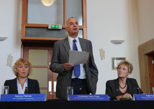 Nancy Palmer, Chair of the Serious Case Review Panel (left), Professor Nick Frost, and Kath Tunstall, Bradford Council's Strategic Director of Children's Services during a media briefing for the publication of the serious case review into the death of Hamzah Khan