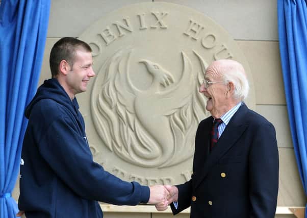Gareth (Gaz) Golightley, who lost a leg in an RTA 10 years ago and WW2 and Malayan Emergency veteran Brigadier (Retd) John Painter, at the opening of Phoenix House.