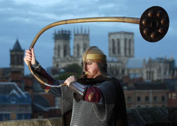 Ragnarok - the Viking Apocolypse - predicted for 22nd February 2014 - was heralded with the sound of an ancient horn reverberating across the rooftops of York. Picture: Kippa Matthews