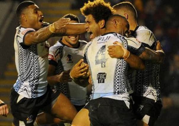 Fiji's Vitale Junior Roqica celebrates his try against Samoa