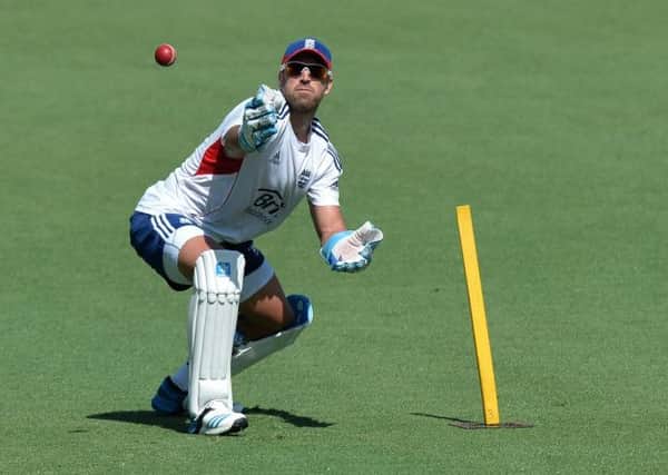 England's Matt Prior practises catching during the nets session at The Gabba, Brisbane, Australia. PIC: PA