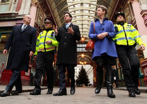 From left: Lord Stevens, Superintendent David Laws, Labour Leader Ed Miliband, Shadow home secretary Yvette Cooper and Inspector Claire Burgess