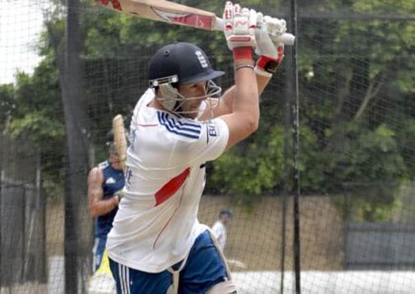 England's Tim Bresnan bats during a practice session