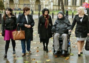 From left: Lauren Nicklinson, Jane Nicklinson,  lawyer Saimo Chahlal, Paul Lamb and his carer Michaela Turner, at the UK Supreme Court in London